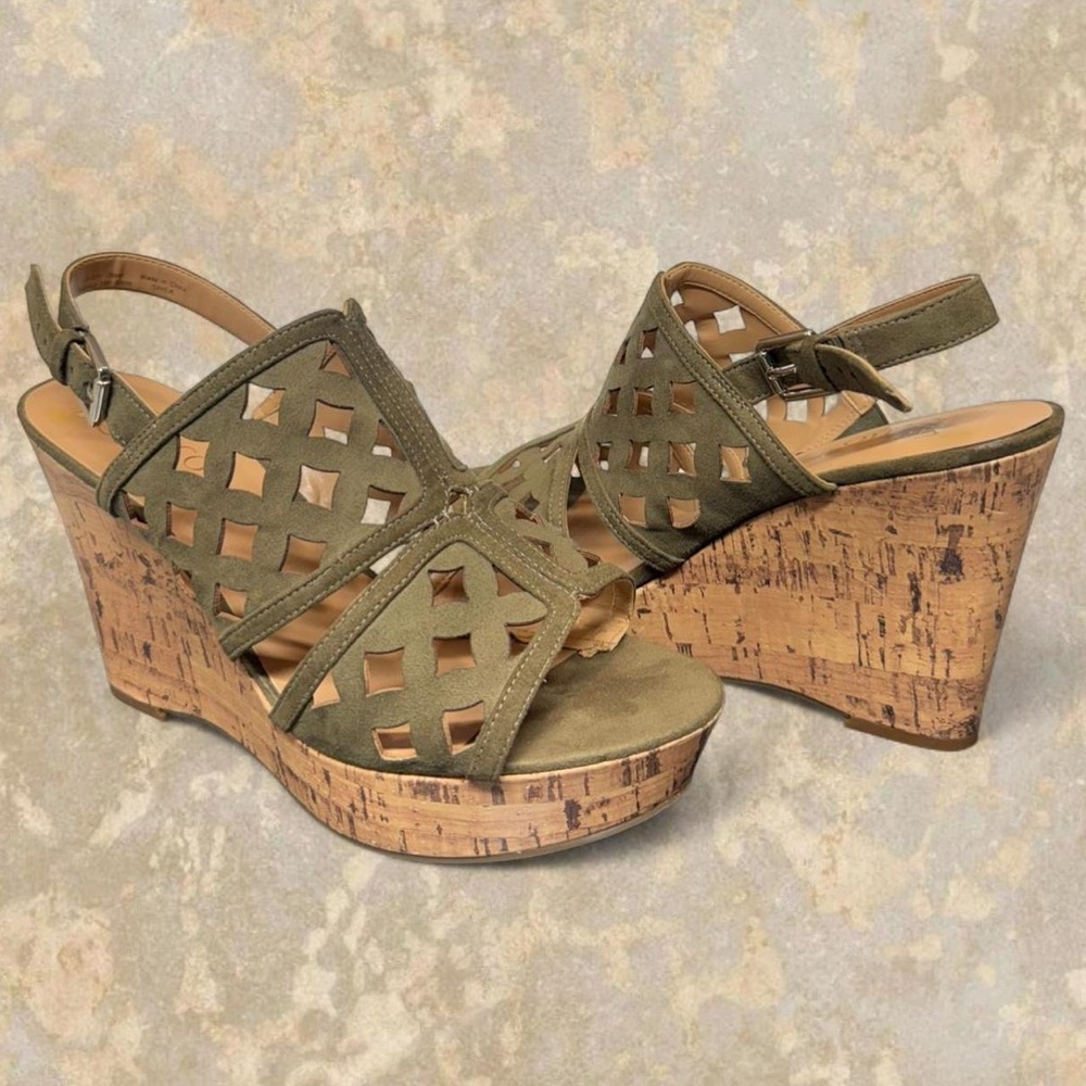 Olive Green Wedge Sandals with Cork Platform